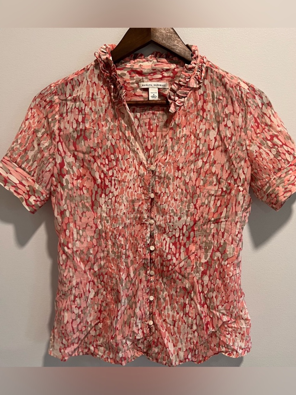 Banana Republic Coral Pink Dot Ruffle V-Neck Button Blouse